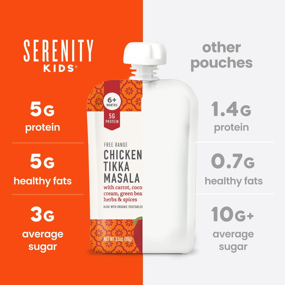 Serenity Kids Organic ingredients pouch—organic chicken and veggies for mindful meals.