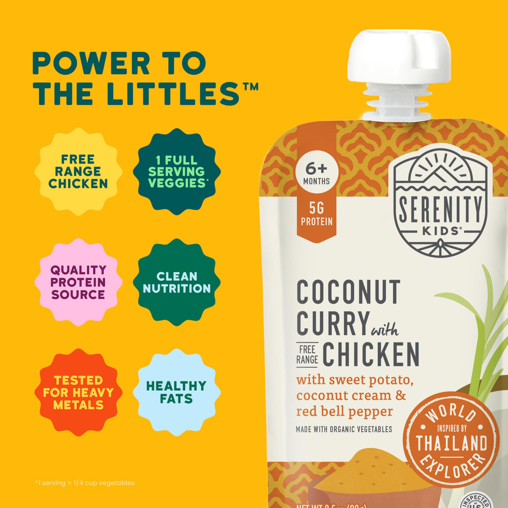 Non-GMO veggies featured in Serenity Kids baby pouch for flavor-forward nourishment.