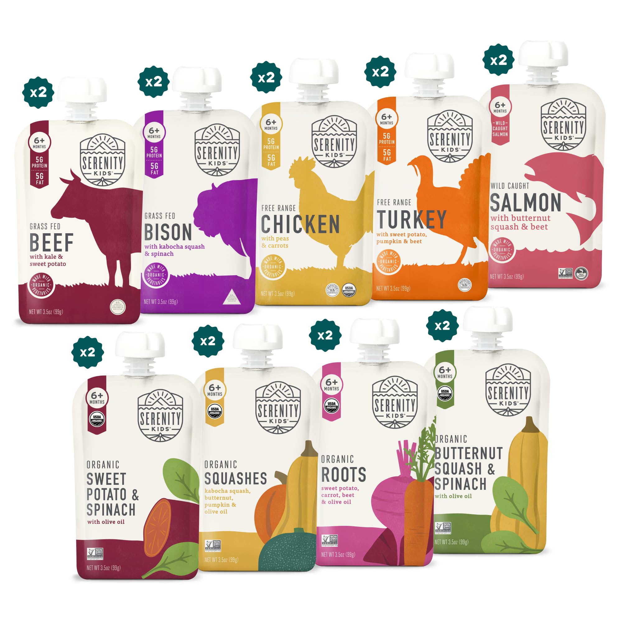Serenity Kids pouch close-up showing meats and veggies for balanced meals.
