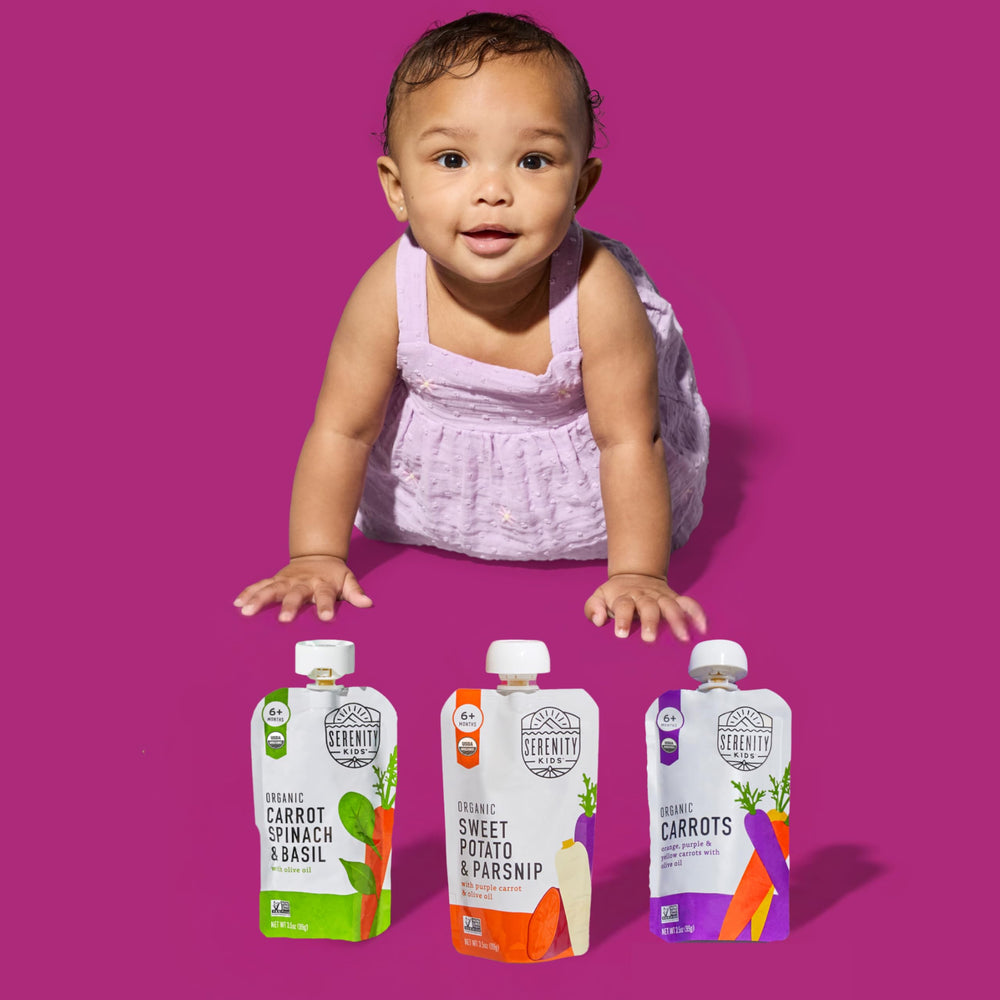 Serenity Kids pouch being dispensed for mealtime on the go.