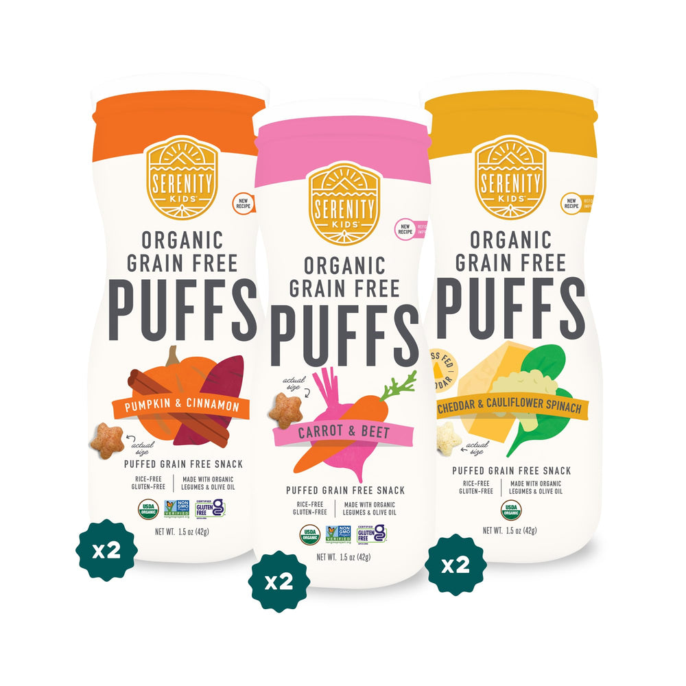 Serenity Kids puffs canister pack showing six grain-free, veggie-packed containers for on-the-go toddler snacks.