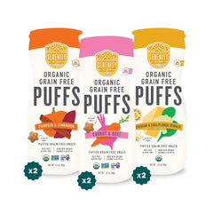 Serenity Kids puffs canister pack showing six grain-free, veggie-packed containers for on-the-go toddler snacks.