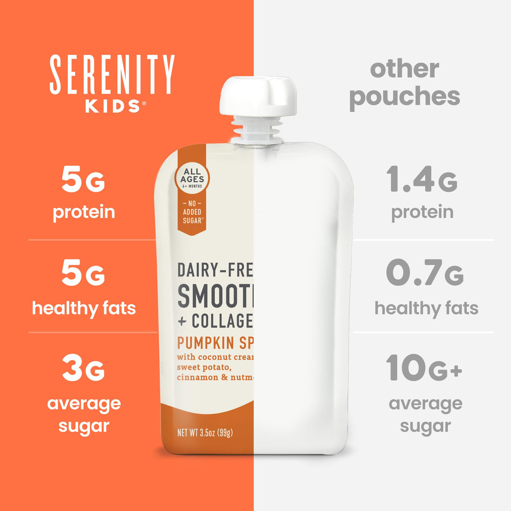 Serenity Kids pouch ingredients highlight pumpkin and grass-fed collagen on the label.