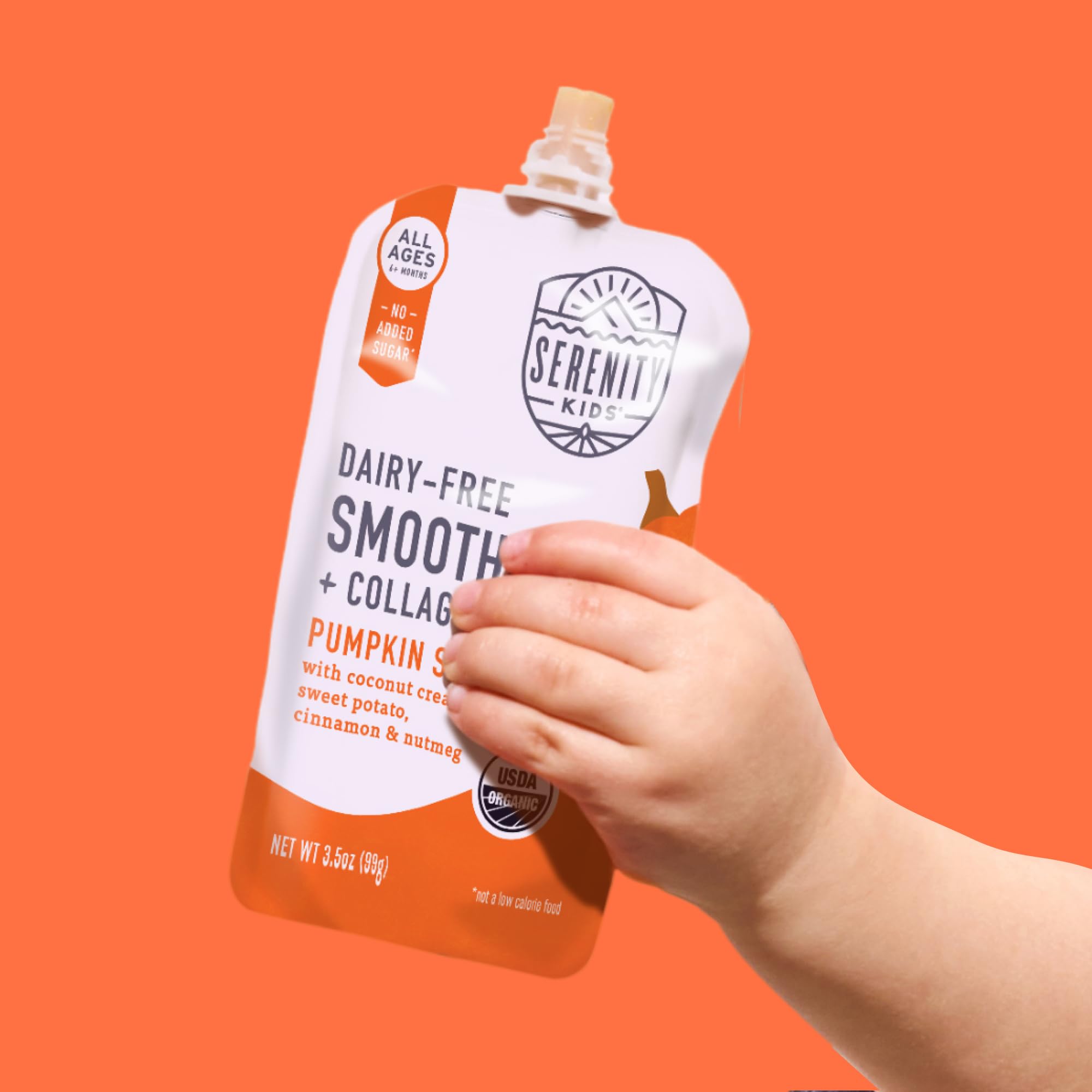 Serenity Kids Pumpkin Smoothie Pouch enjoyed by a child.