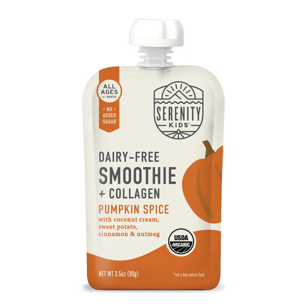 Serenity Kids Pumpkin Smoothie Pouch packaging, ideal for on-the-go toddler snacks.