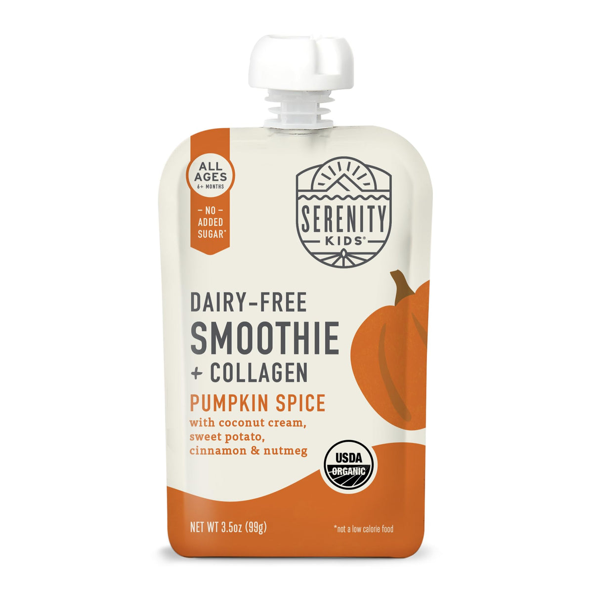 Serenity Kids Pumpkin Smoothie Pouch packaging, ideal for on-the-go toddler snacks.