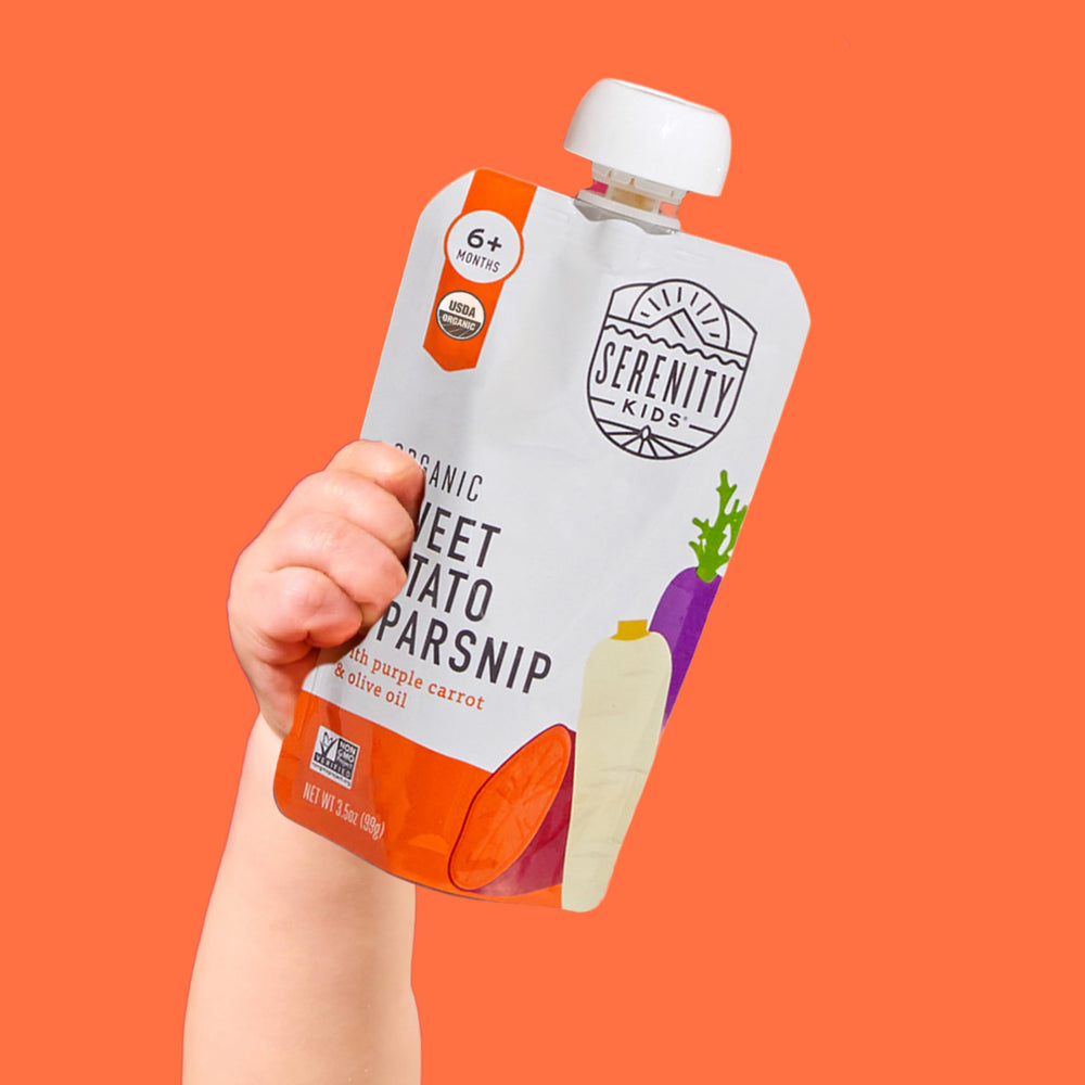 Serenity Kids refrigerated pouch serve conveying quick, mess-free meals after opening