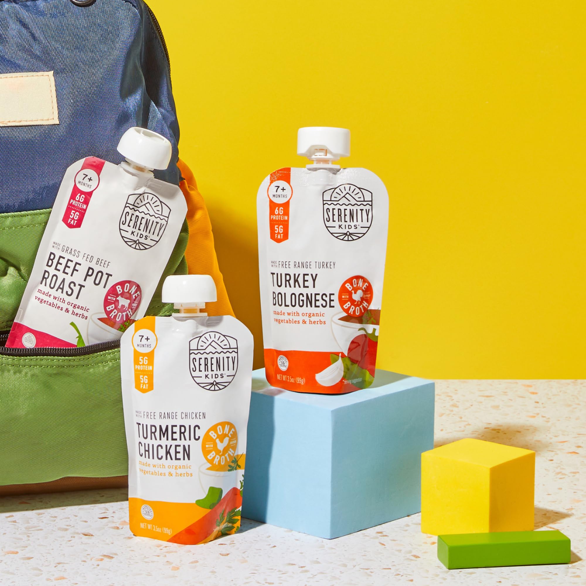 Serenity Kids 6-pack packaging on store shelf shows convenient toddler snack option.