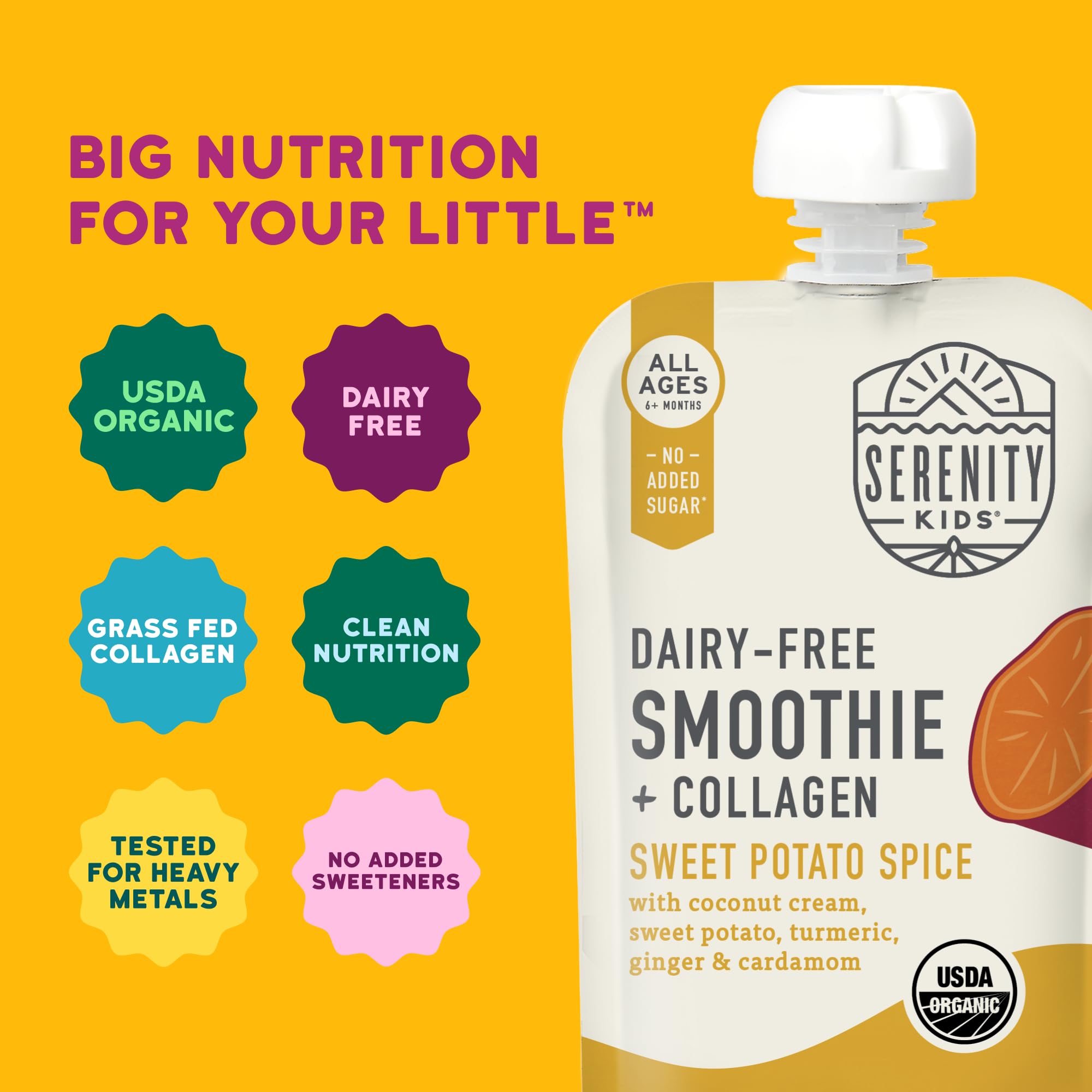 Ingredients visible for Serenity Kids Smoothie Sweet Potato Spice pouch with veggies
