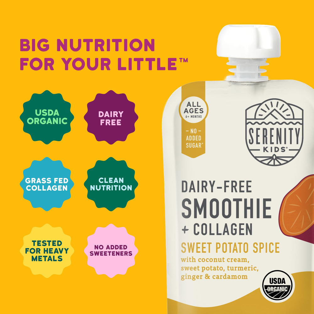 Ingredients visible for Serenity Kids Smoothie Sweet Potato Spice pouch with veggies