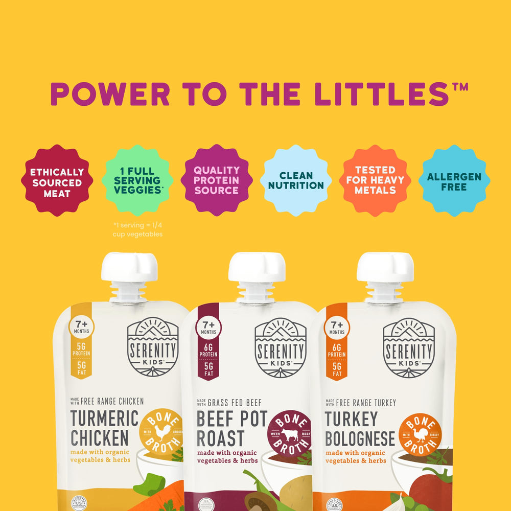 Serenity Kids turkey bolognese pouch with organic vegetables and bone broth supports protein-forward toddler meals.