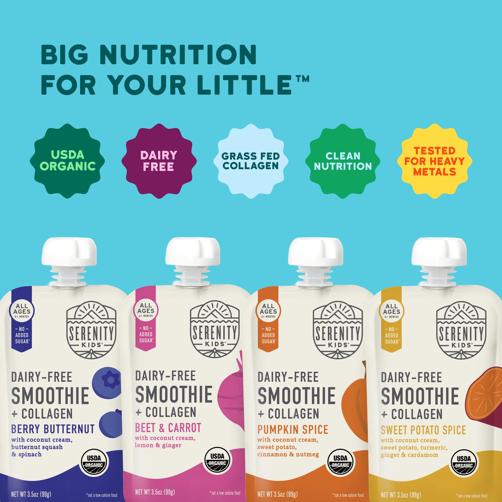 Serenity Kids USDA Organic baby snack pouch with no added sweeteners.