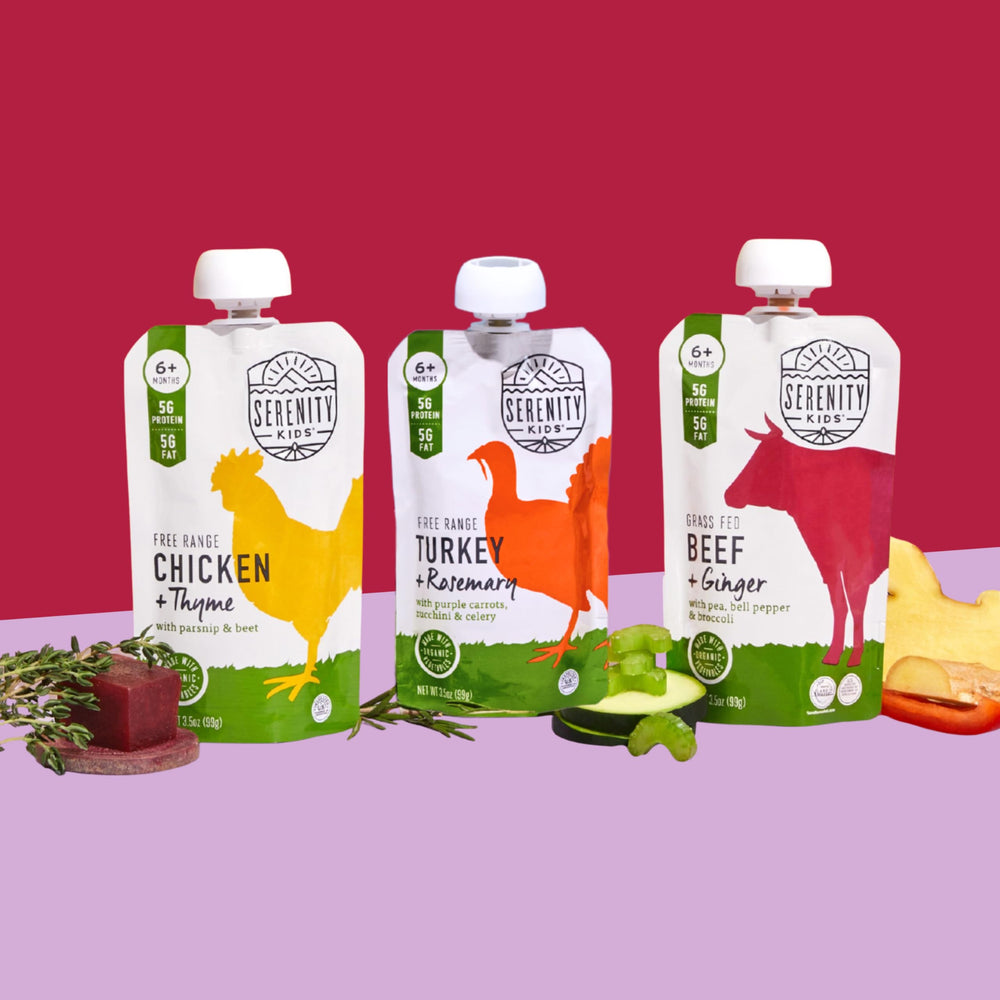 Serenity Kids veggie-rich peas and bell pepper pouch for balanced meals.