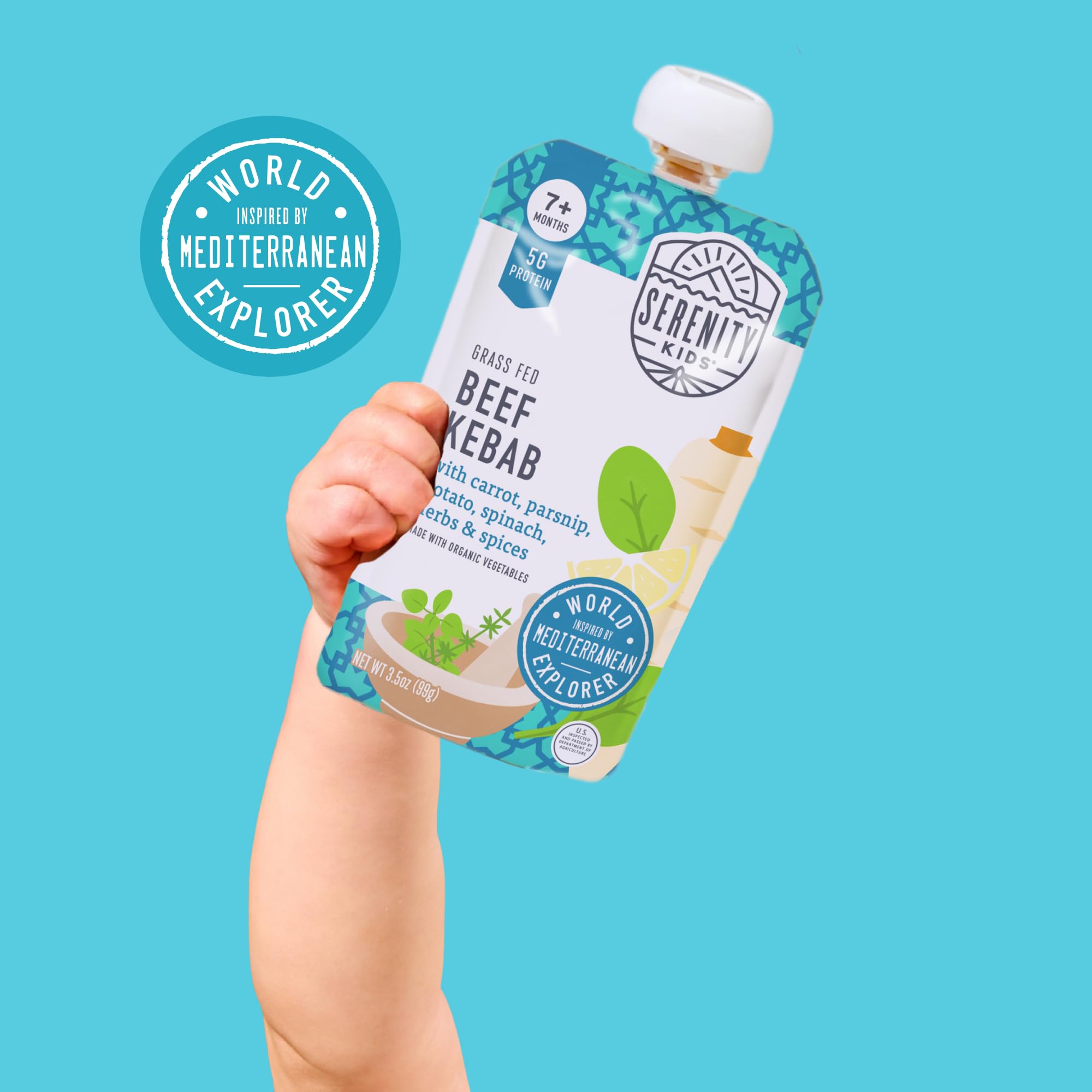 Serenity Kids World Explorers 5g protein pouch highlighting growth support