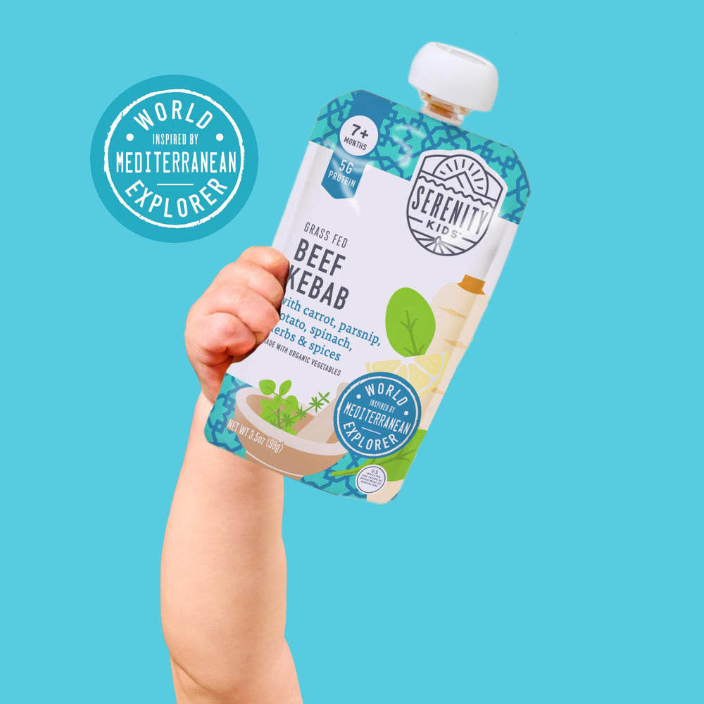 Serenity Kids World Explorers 5g protein pouch highlighting growth support