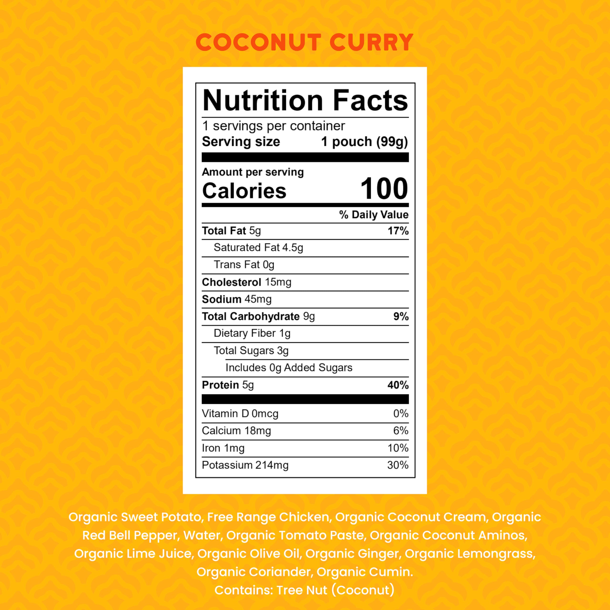Serenity Kids pouch opened to reveal creamy coconut curry puree with veggies.
