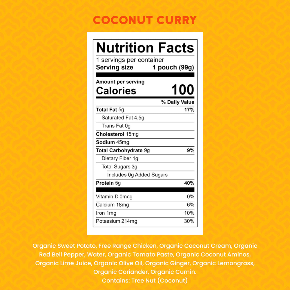 Serenity Kids pouch opened to reveal creamy coconut curry puree with veggies.