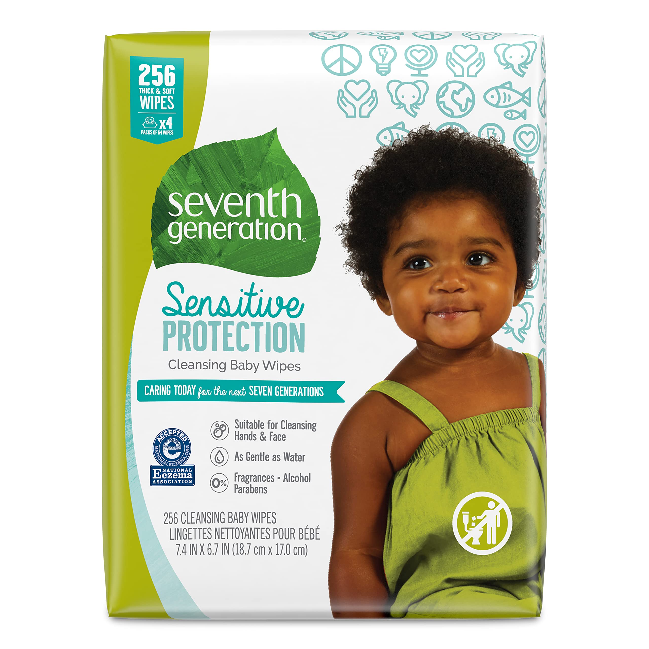 Seventh Generation unscented baby wipes four-pack for sensitive newborn skin.