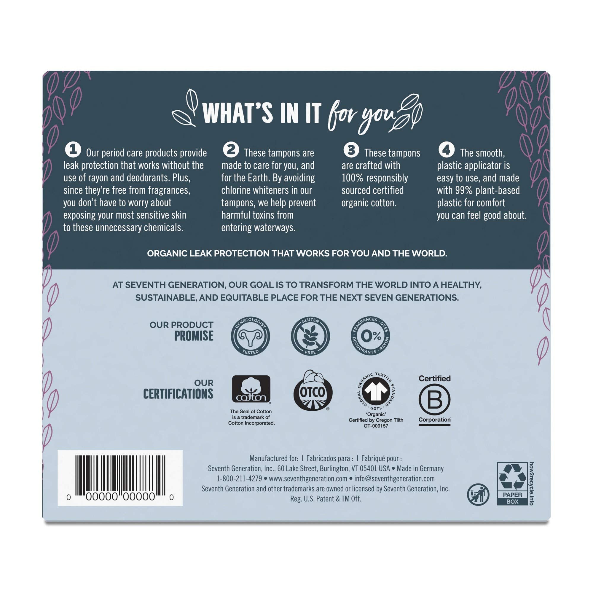Seventh Generation Free & Clear Super Tampons absorbency 9-12g for reliable protection