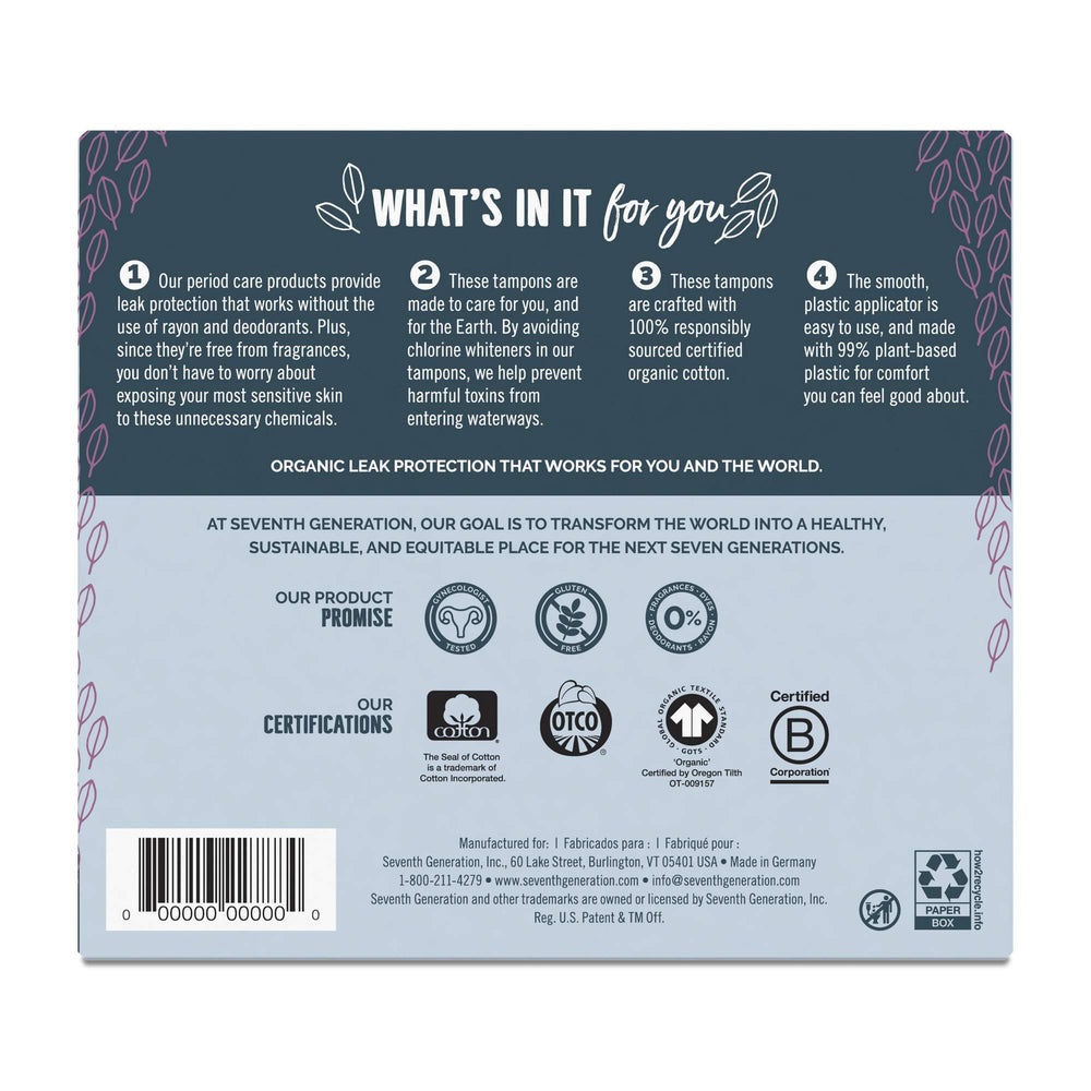Seventh Generation Free & Clear Super Tampons absorbency 9-12g for reliable protection