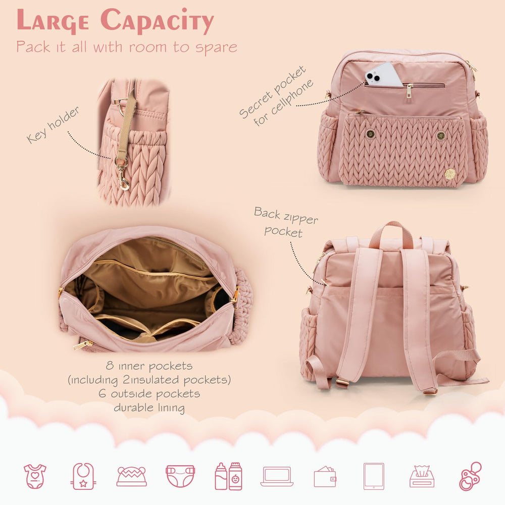 SEWBOO dusty rose interior showing multiple pockets for organized baby items.