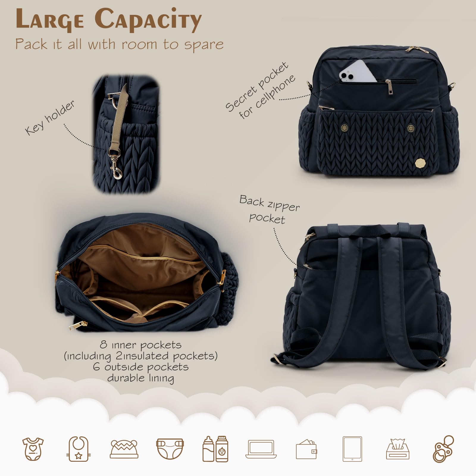 SEWBOO diaper bag interior pockets help keep baby gear neatly arranged all day.