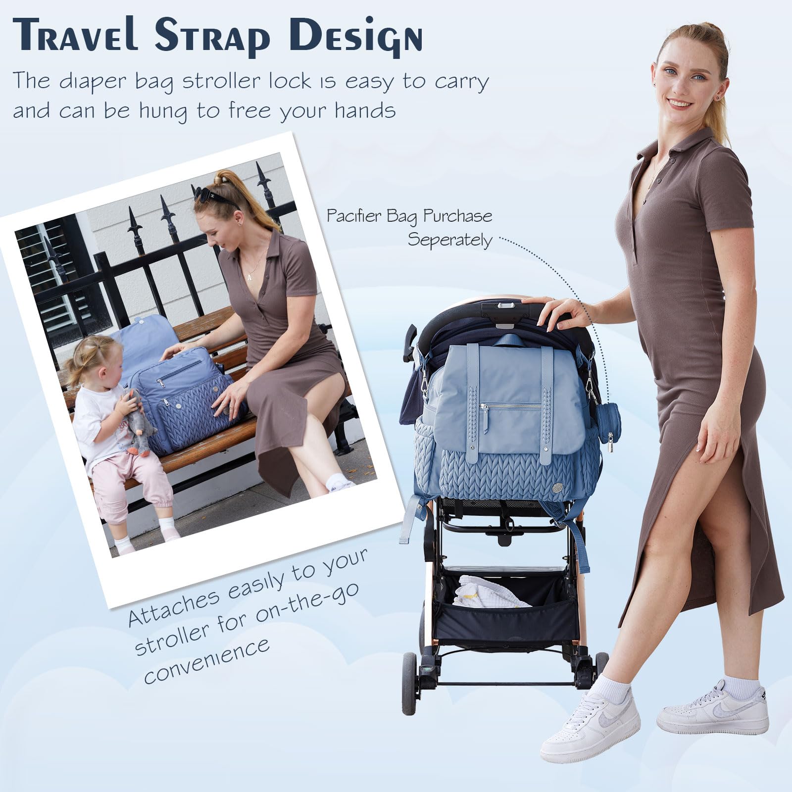 SEWBOO diaper bag close-up reveals nylon and vegan leather textures