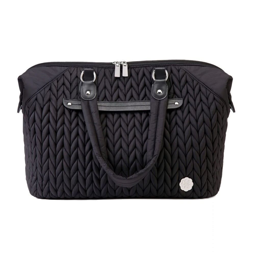 SEWBOO Diaper Bag Tote front view shows elegant herringbone and ample capacity for essentials