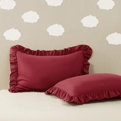 Sewdudely microfiber pillowcase with wine red ruffles for toddlers.
