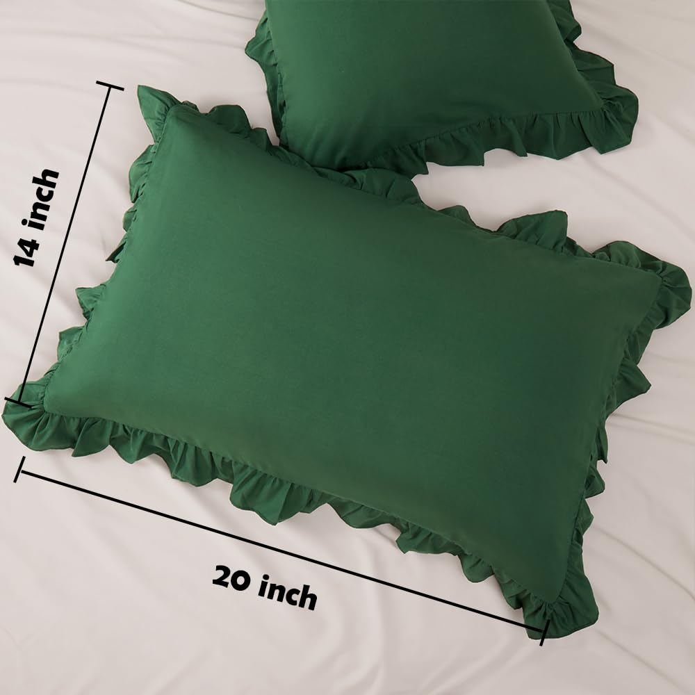 Sewdudely toddler pillow cover with ruffles in dark green enhances cozy nursery decor.