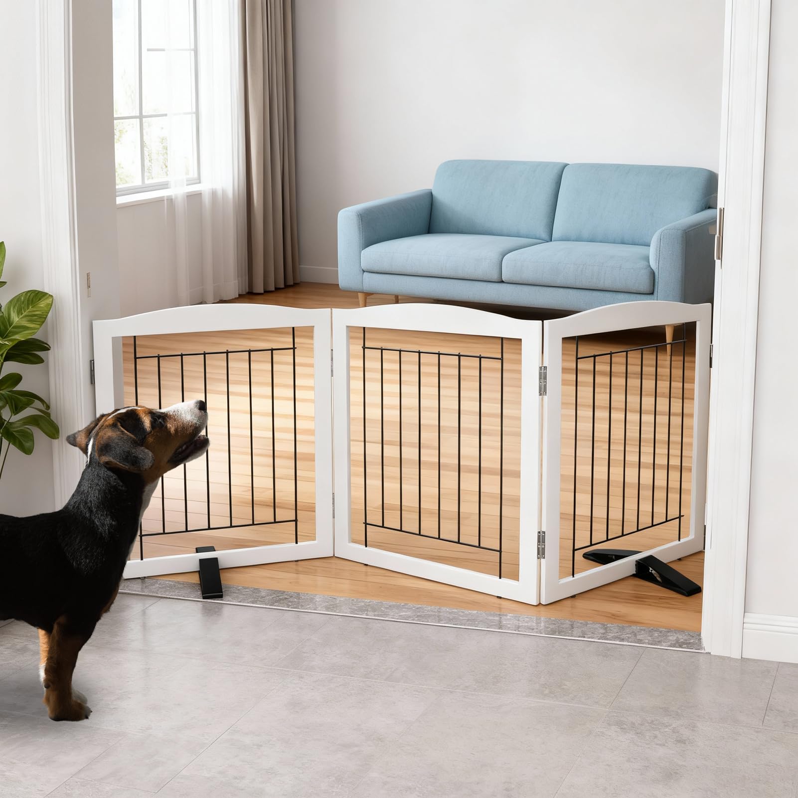 SFJC 3-panel indoor dog gate in white for doorways and hallways