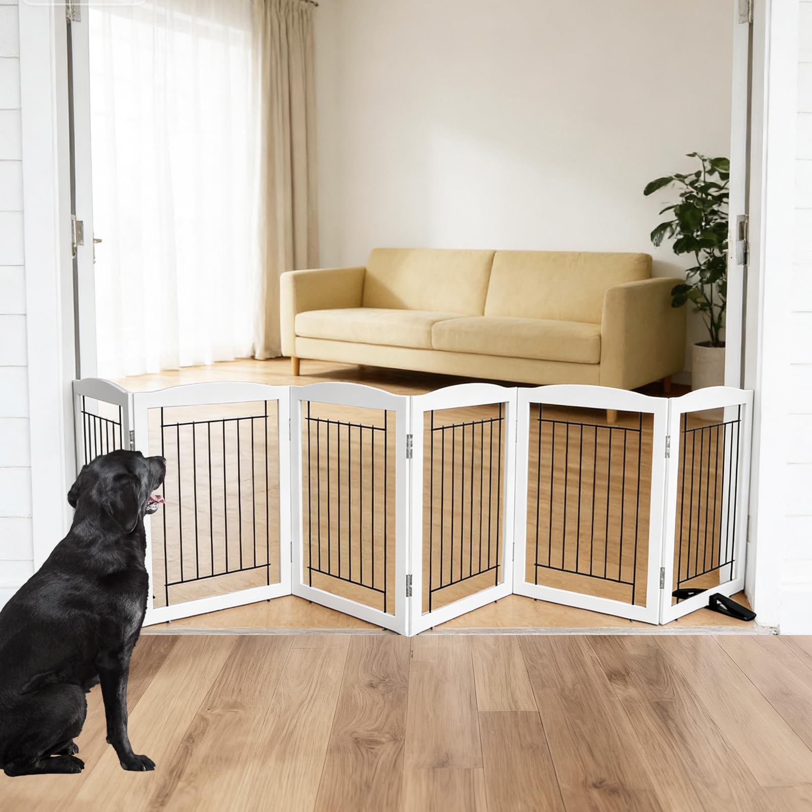 SFJC 6-panel indoor dog fence white in full-view as a room divider