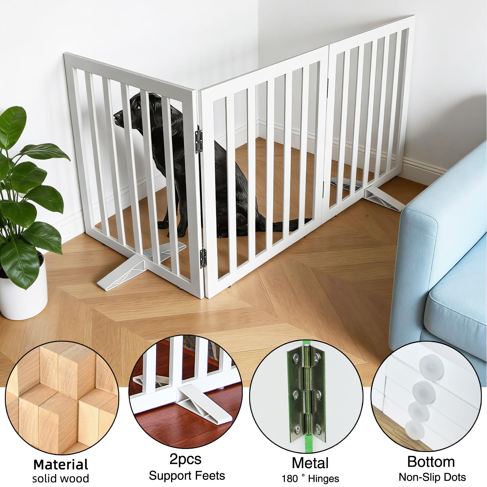 SFJC dog gate shows three-panel design for flexible room zoning.