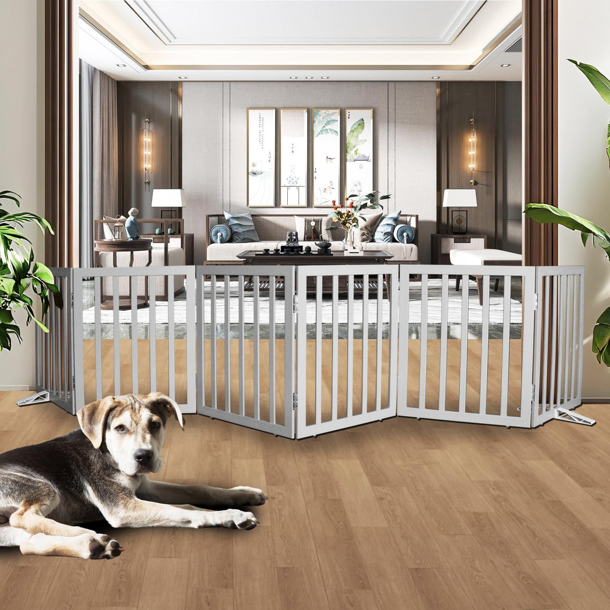 SFJC dog gate 6-panel wooden design in living room provides a sturdy doorway barrier.