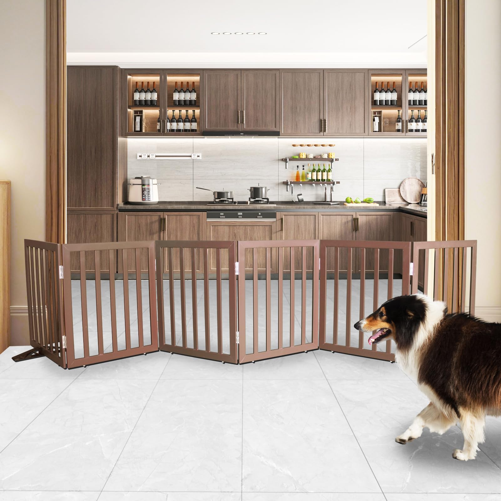 SFJC 6-panel hinged dog gate demonstrates flexible room partitioning