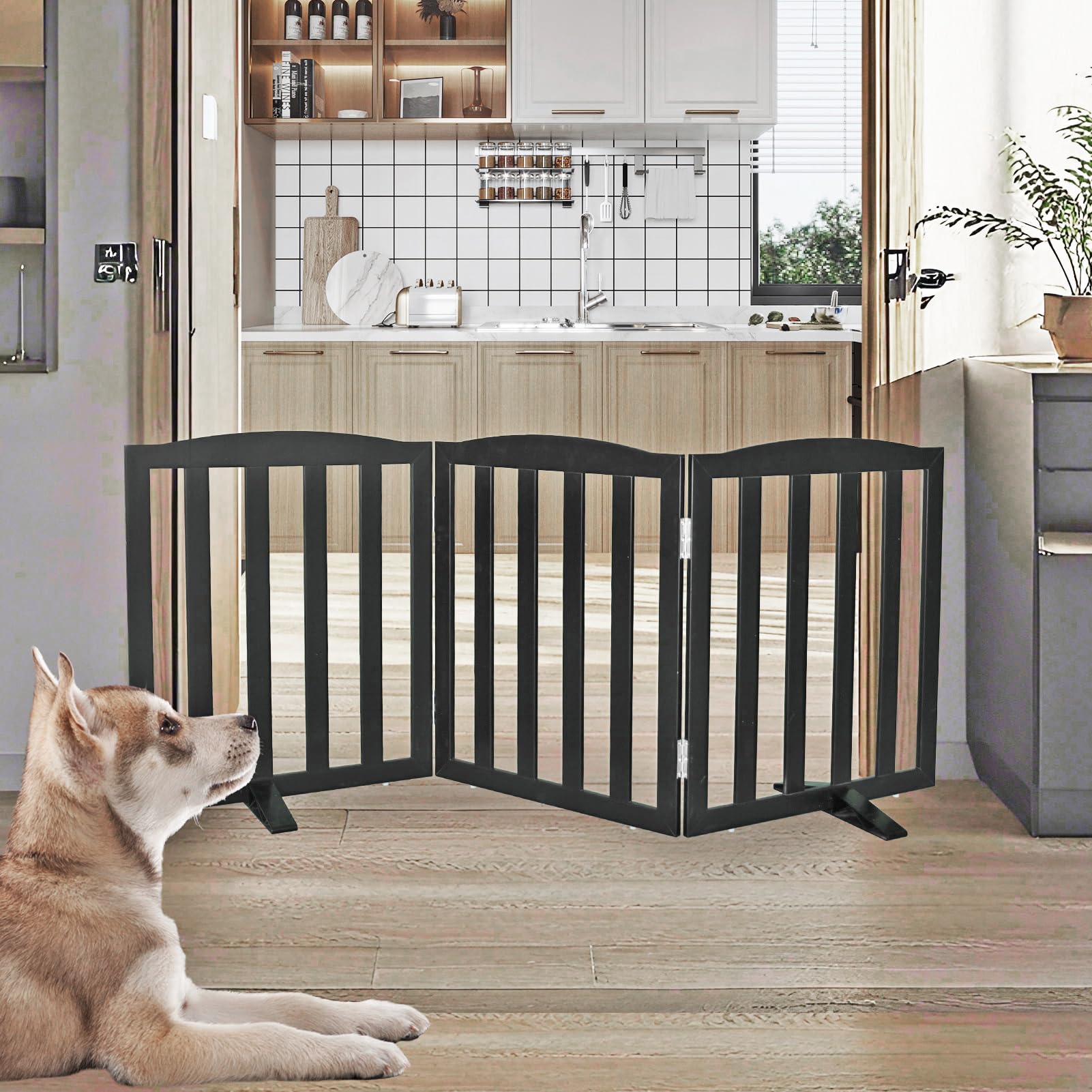 SFJC dog gate foldable setup offers quick freestanding use without screws.