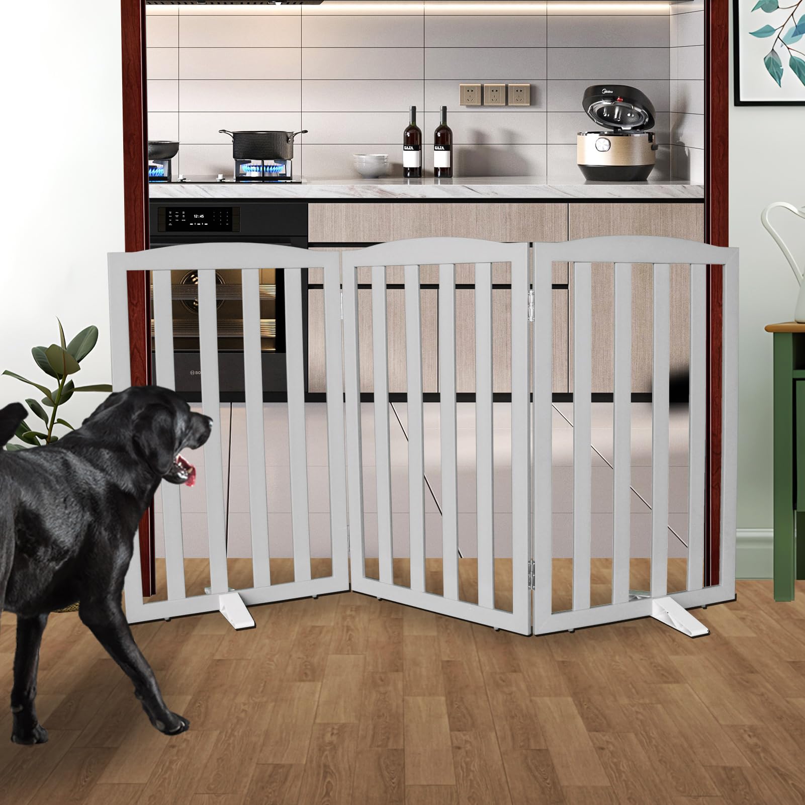 SFJC foldable wooden grey dog gate fits doorways and stairs with easy setup.