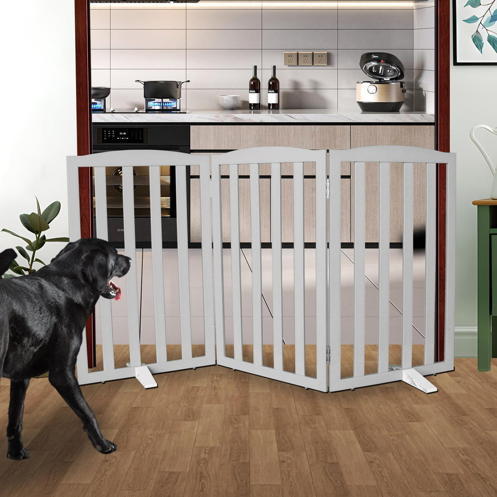 SFJC foldable wooden grey dog gate fits doorways and stairs with easy setup.