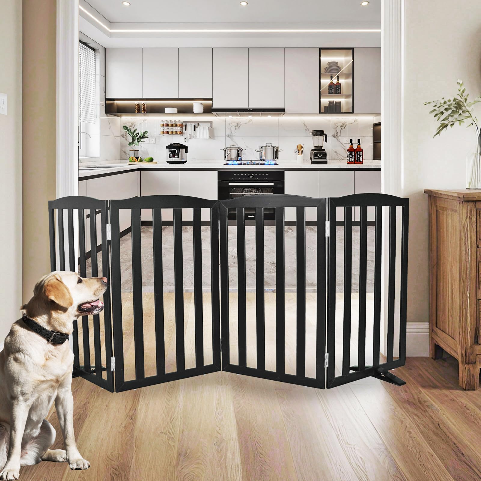 SFJC dog gate folded compact for easy storage when not in use.
