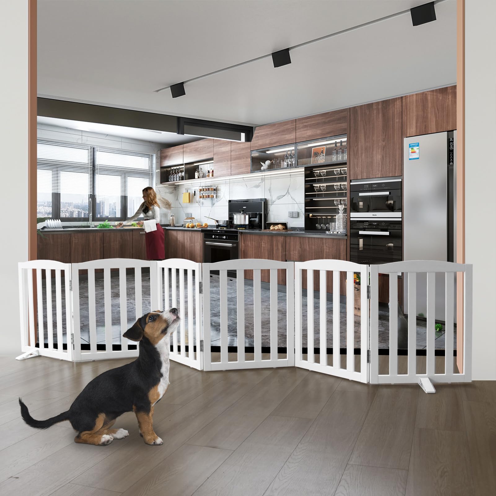 SFJC dog gate folded compactly for easy storage when not in use.