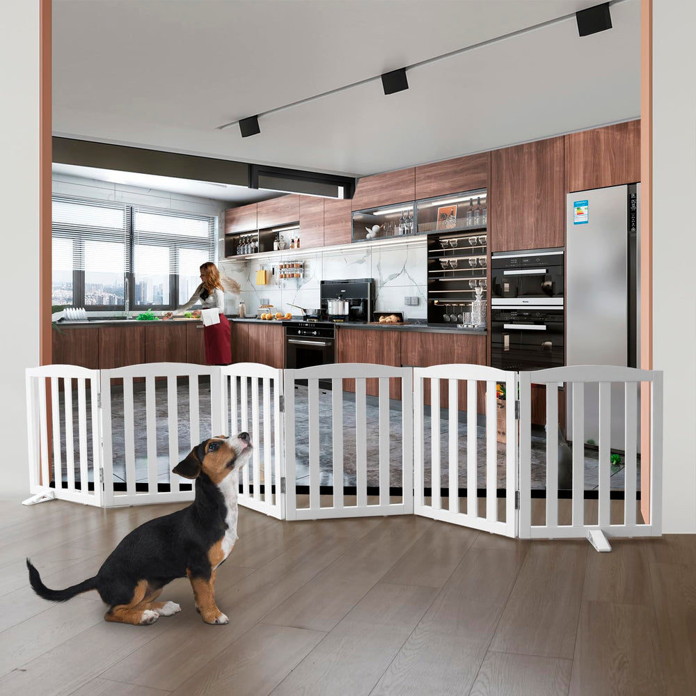 SFJC dog gate folded compactly for easy storage when not in use.