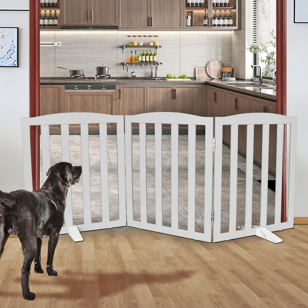 SFJC dog gate folded into a compact Z-shape for versatile room setup