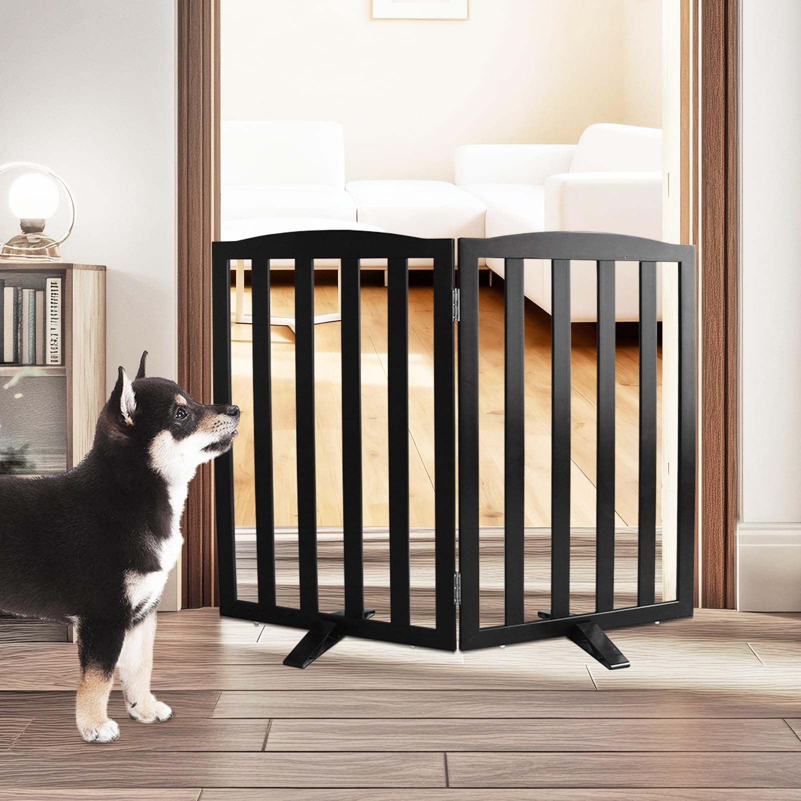 SFJC dog gate folded for compact storage and portability.