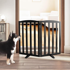 SFJC dog gate folded for compact storage and portability.