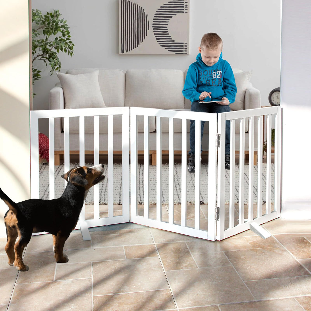 SFJC dog gate front view in natural wood for sturdy, stylish barrier.