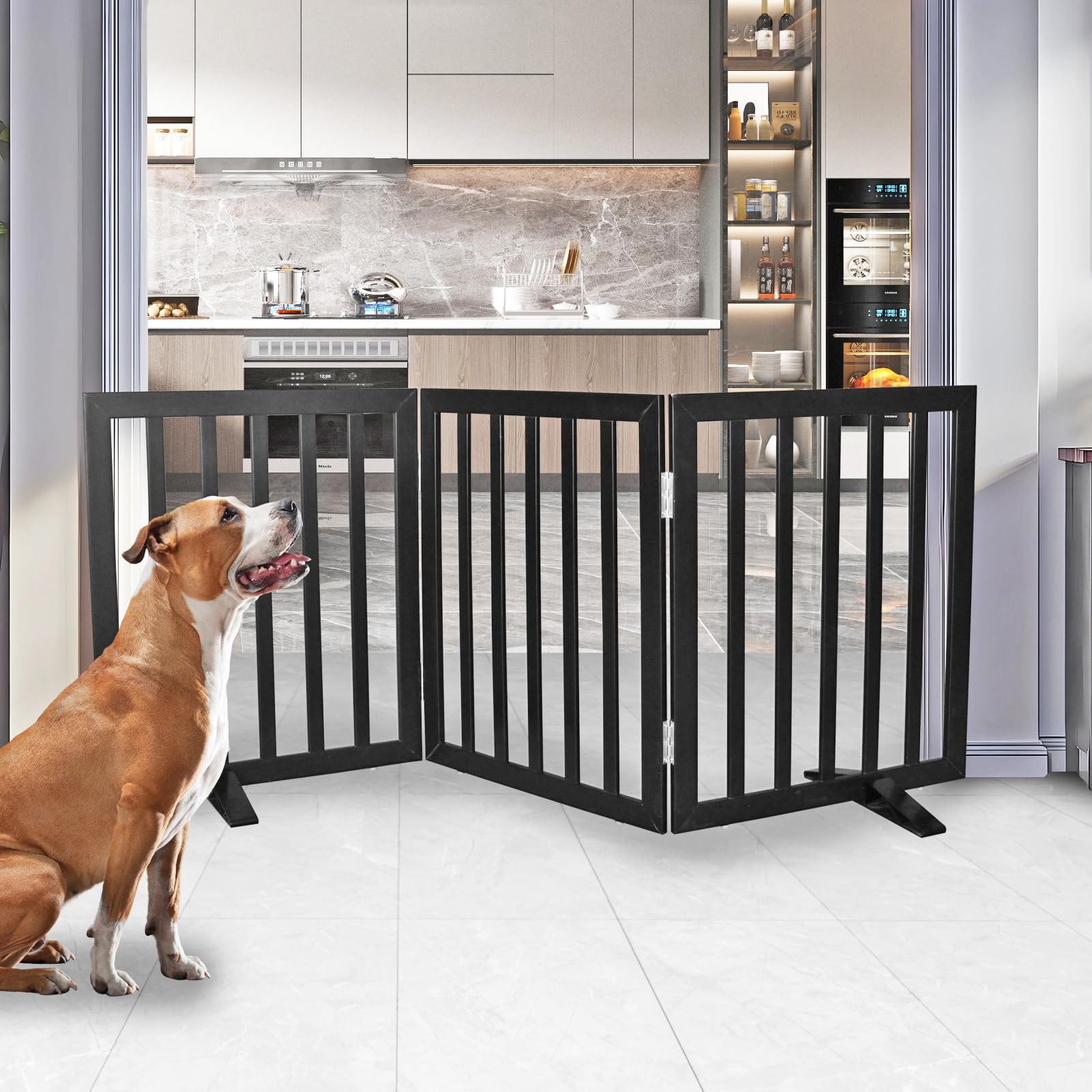 SFJC freestanding dog gate in black for hallways.