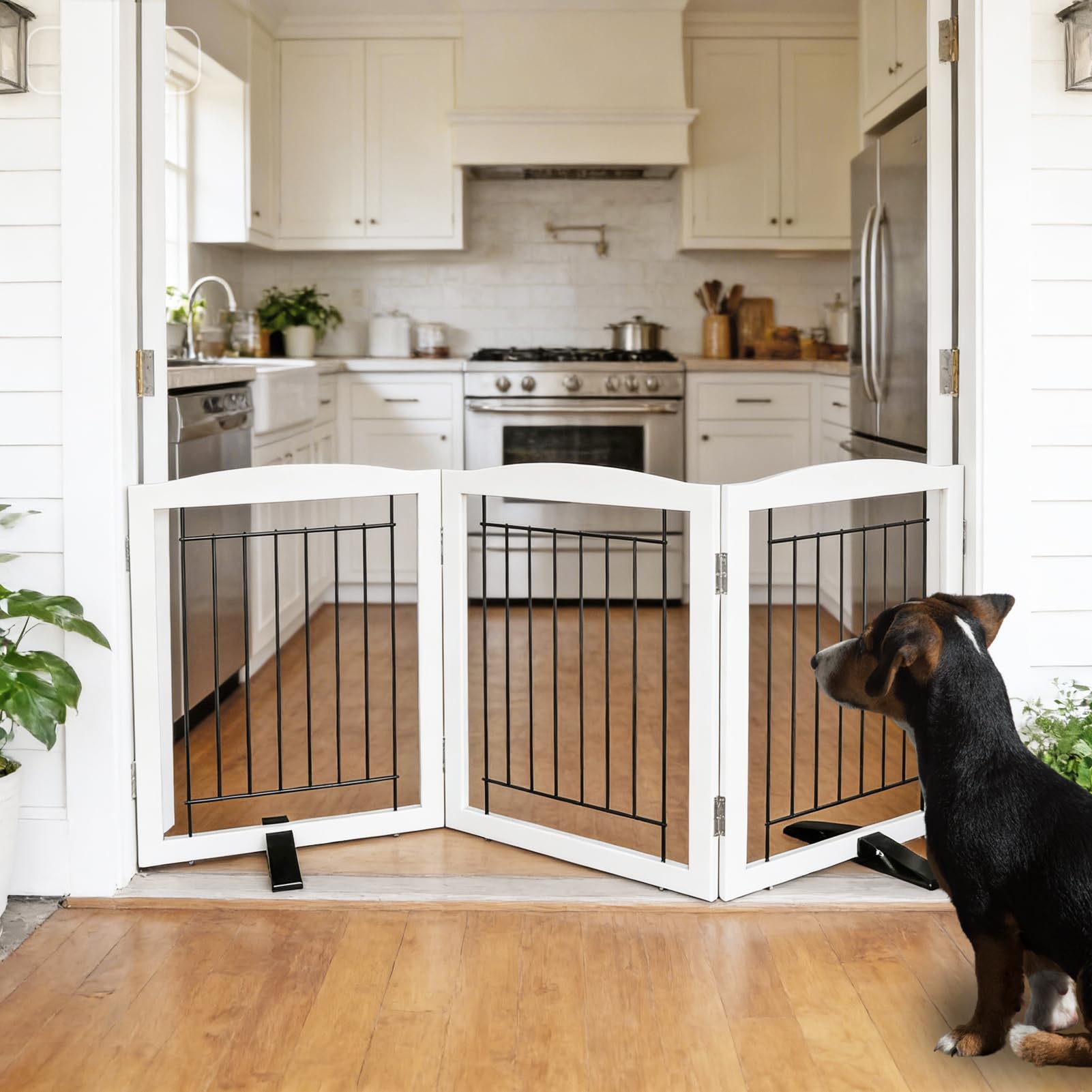 SFJC foldable z-shape dog gate in white for wide hallways