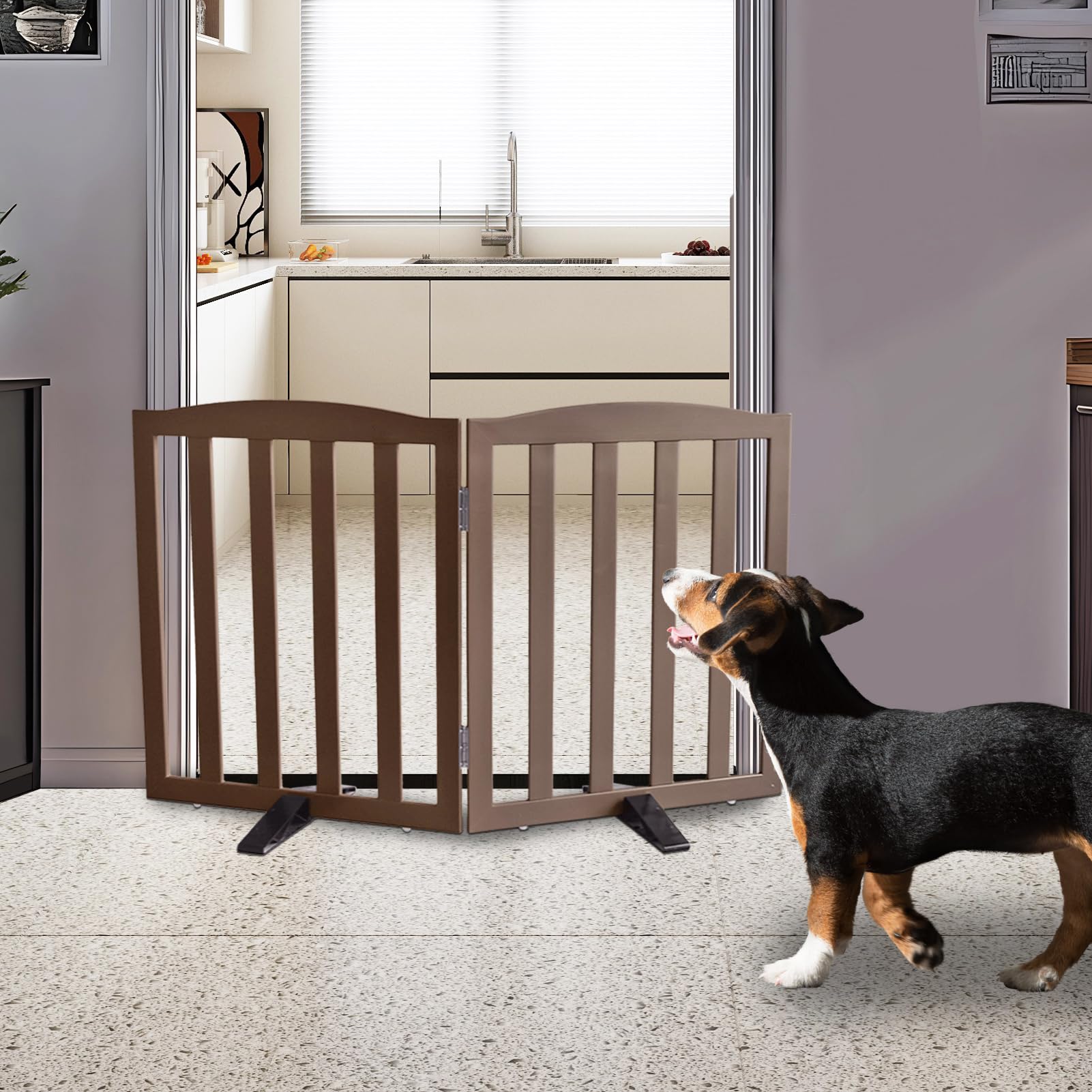 SFJC dog gate indoors folded compact for easy storage and quick setup
