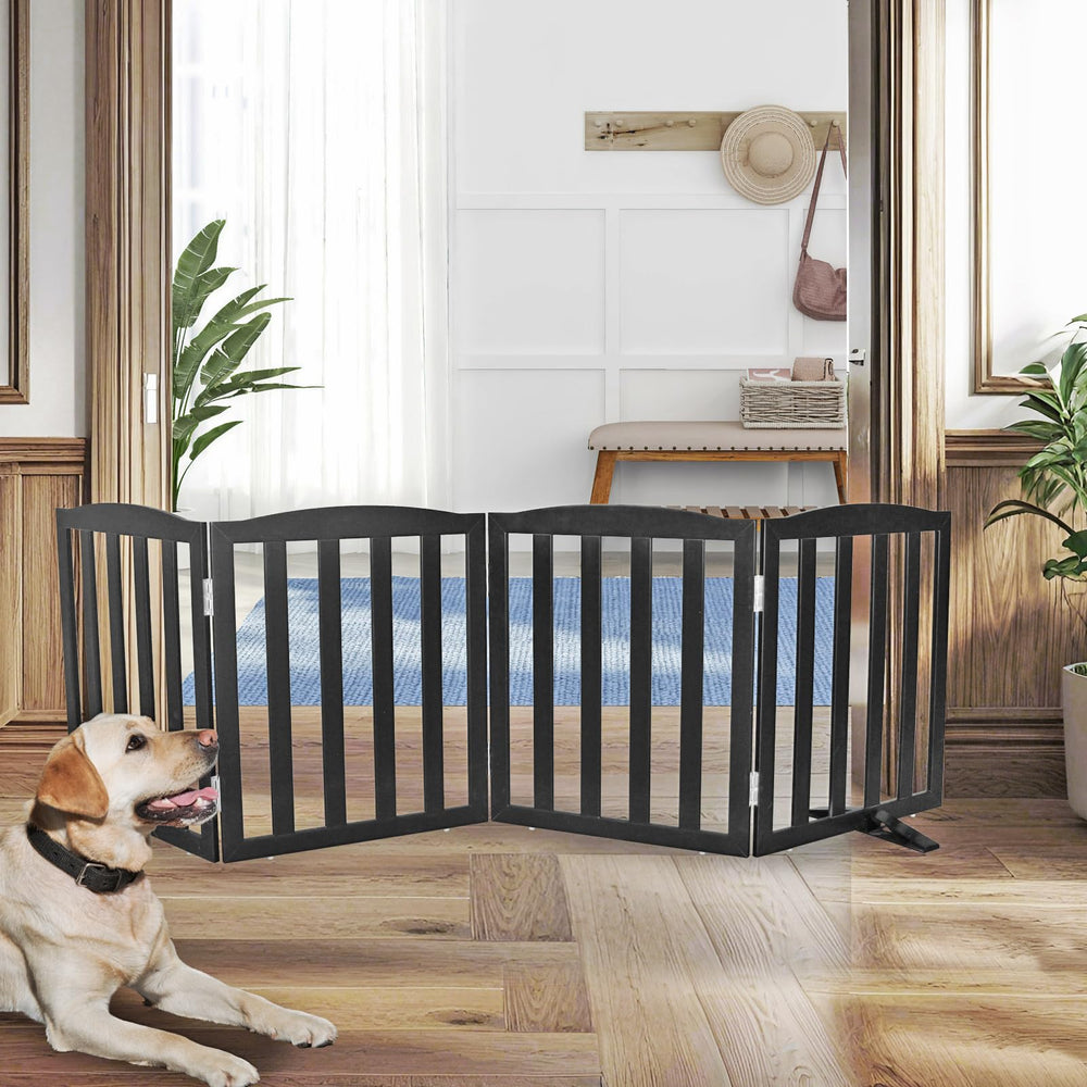 SFJC dog gate indoors highlights freestanding setup for doorway containment and pet safety.