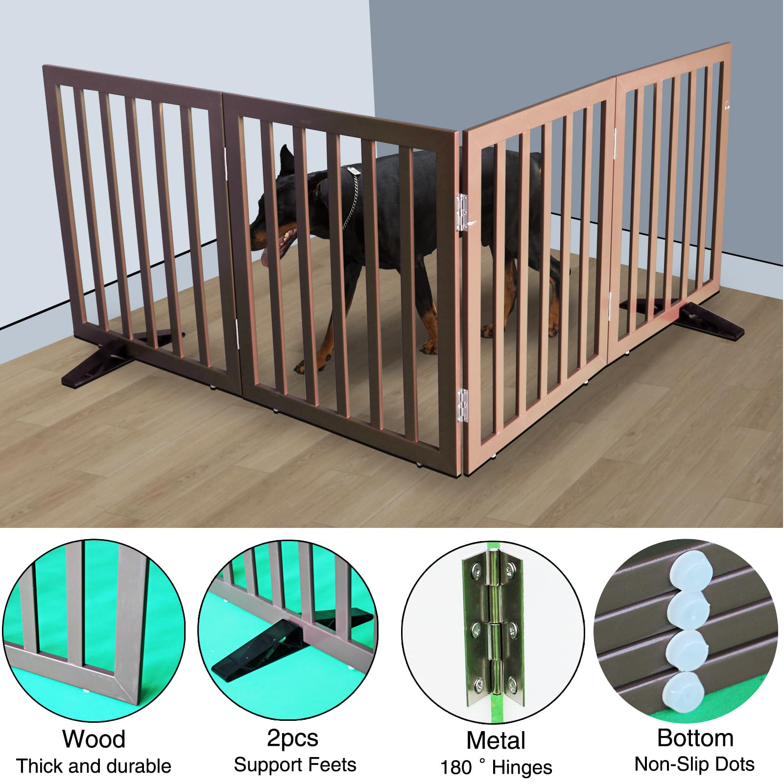 SFJC brown indoor gate with non-slip feet protects floors during pet activity.